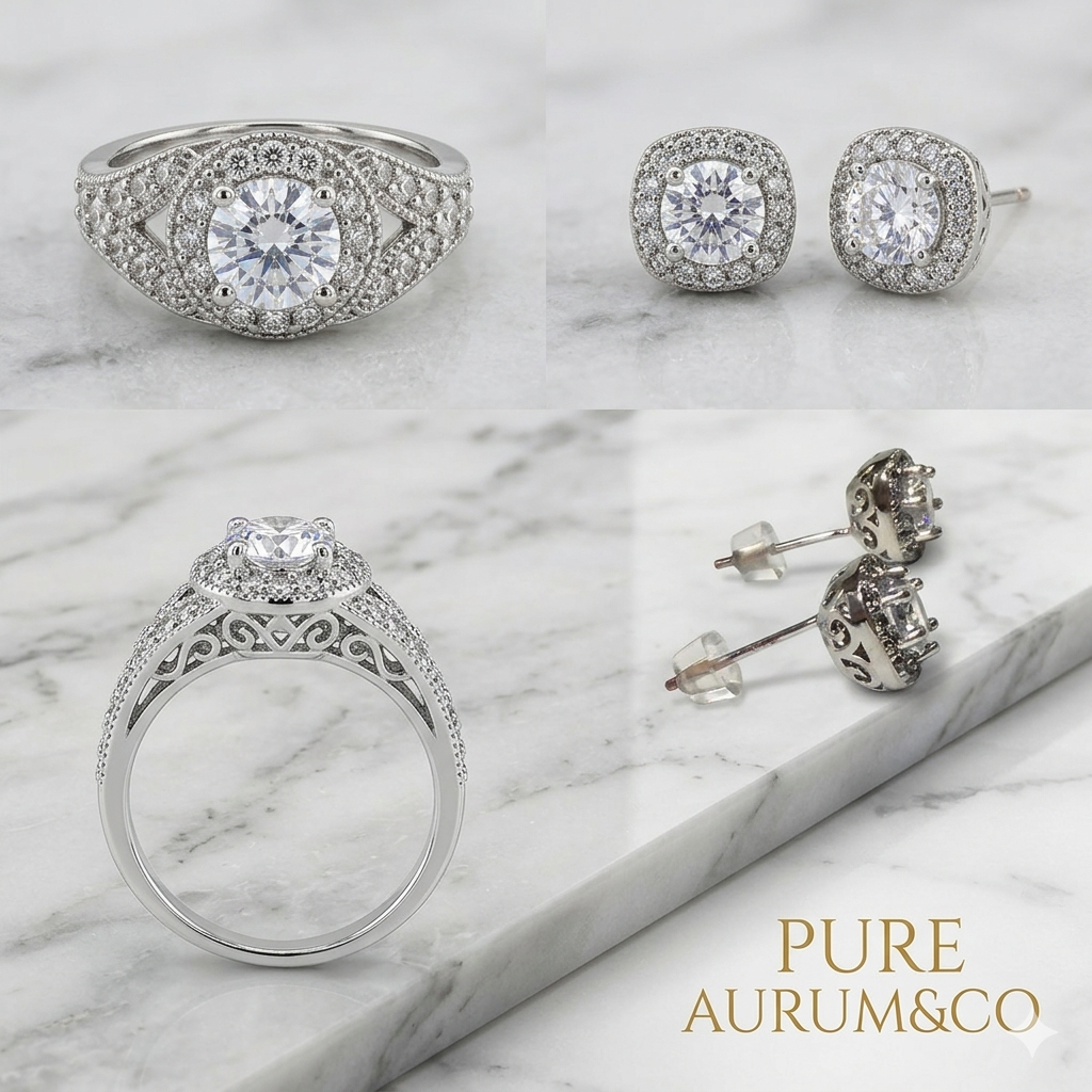 Vintage Halo CZ Ring & Earring Set
