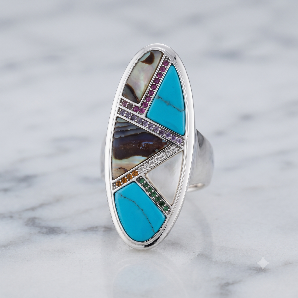 Multistone Oval Statement Ring in 925 Sterling Silver
