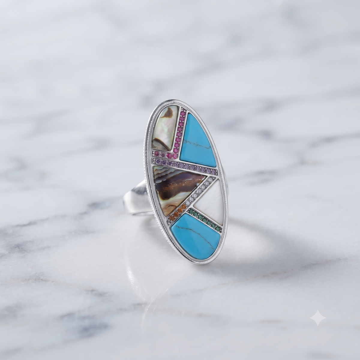 Multistone Oval Statement Ring in 925 Sterling Silver