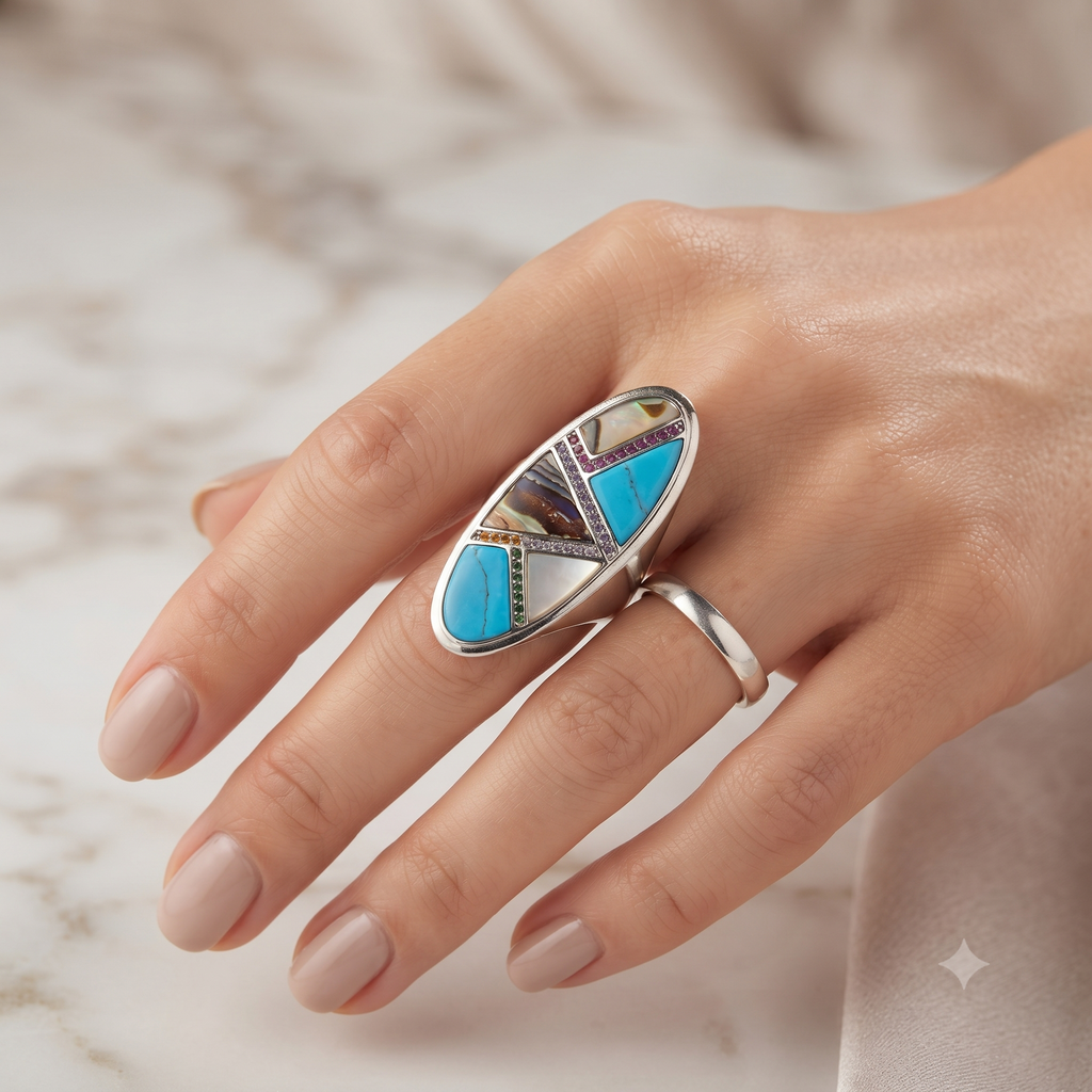 Multistone Oval Statement Ring in 925 Sterling Silver