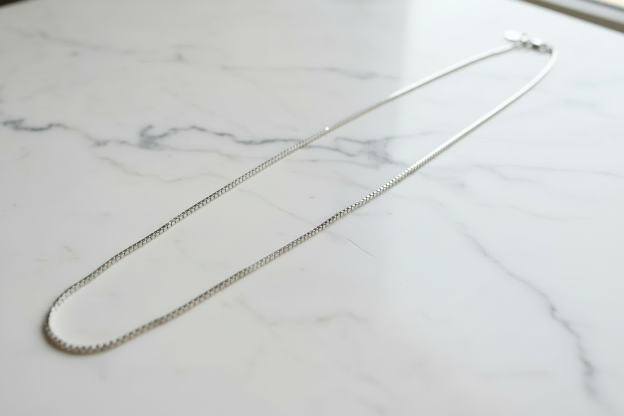 Silver Box Chain Necklace - No Pendant on Marble