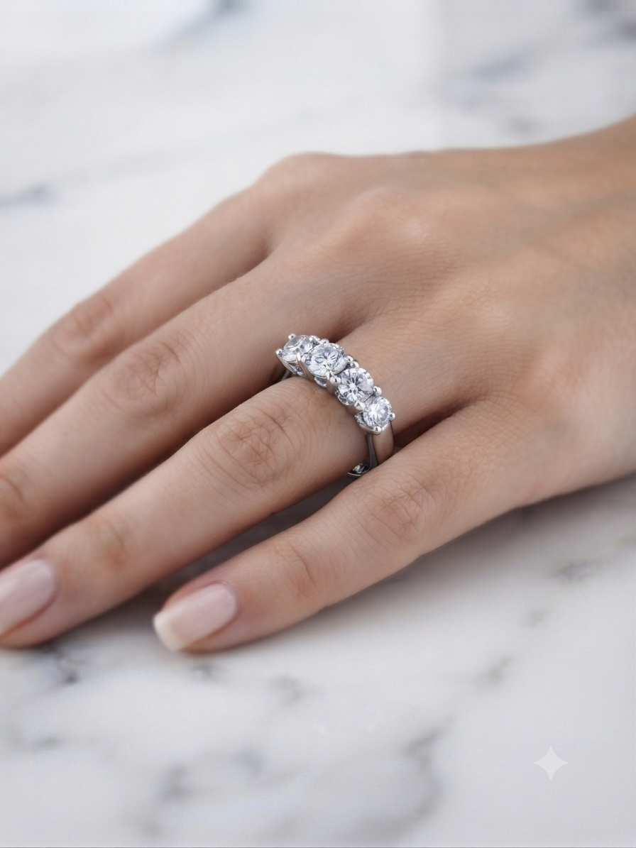14K White Gold 5-Stone Round CZ Band Ring